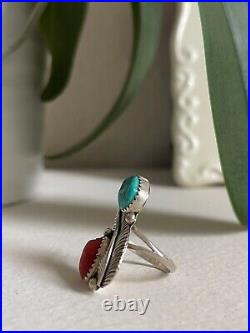 Vintage Native American Sterling Silver Turquoise Coral Feather Ring Size 5