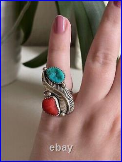 Vintage Native American Sterling Silver Turquoise Coral Feather Ring Size 5