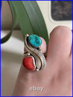 Vintage Native American Sterling Silver Turquoise Coral Feather Ring Size 5