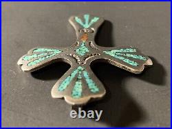 Vintage Native American Sterling Silver Turquoise Coral Inlay Cross Pendant RB