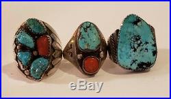 Vintage Native American Sterling Silver Turquoise, Coral Mens Ring Lot