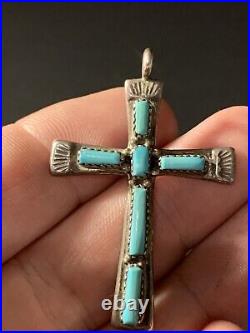 Vintage Native American Sterling Silver Turquoise Cross Pendant L. IULE