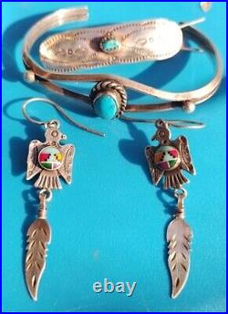 Vintage Native American Sterling Silver Turquoise Cuff Barrett And Earring Lot