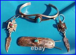 Vintage Native American Sterling Silver Turquoise Cuff Barrett And Earring Lot