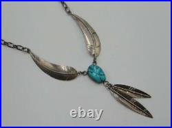 Vintage Native American Sterling Silver Turquoise Feather Necklace Pendant