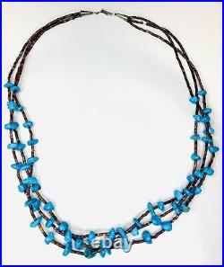 Vintage Native American Sterling Silver Turquoise Heishi 3 Strand Necklace