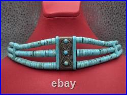 Vintage Native American Sterling Silver Turquoise Heishi Choker Necklace 16