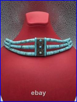 Vintage Native American Sterling Silver Turquoise Heishi Choker Necklace 16