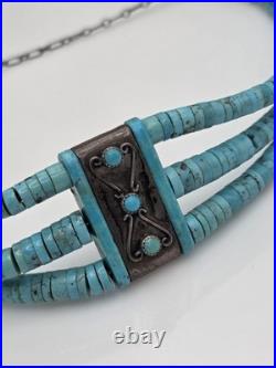 Vintage Native American Sterling Silver Turquoise Heishi Choker Necklace 16