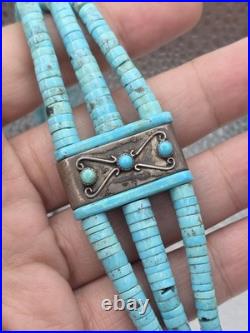 Vintage Native American Sterling Silver Turquoise Heishi Choker Necklace 16