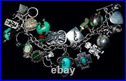 Vintage Native American Sterling Silver Turquoise Navajo Hopi+ 22 Charm Bracelet