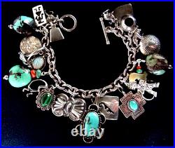 Vintage Native American Sterling Silver Turquoise Navajo Hopi+ 22 Charm Bracelet