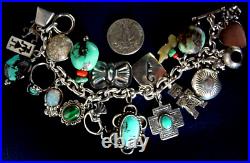 Vintage Native American Sterling Silver Turquoise Navajo Hopi+ 22 Charm Bracelet