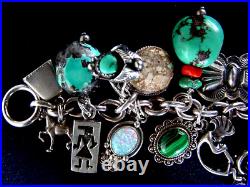 Vintage Native American Sterling Silver Turquoise Navajo Hopi+ 22 Charm Bracelet