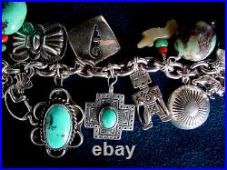 Vintage Native American Sterling Silver Turquoise Navajo Hopi+ 22 Charm Bracelet