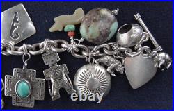 Vintage Native American Sterling Silver Turquoise Navajo Hopi+ 22 Charm Bracelet