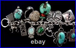 Vintage Native American Sterling Silver Turquoise Navajo Hopi+ 22 Charm Bracelet