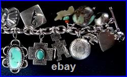 Vintage Native American Sterling Silver Turquoise Navajo Hopi+ 22 Charm Bracelet