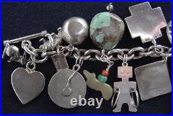 Vintage Native American Sterling Silver Turquoise Navajo Hopi+ 22 Charm Bracelet