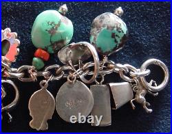 Vintage Native American Sterling Silver Turquoise Navajo Hopi+ 22 Charm Bracelet