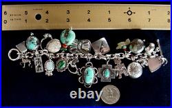 Vintage Native American Sterling Silver Turquoise Navajo Hopi+ 22 Charm Bracelet