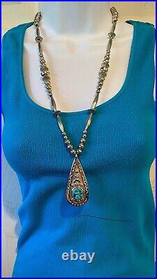 Vintage Native American Sterling Silver Turquoise Pendant Necklace J Begay