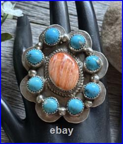 Vintage Native American Sterling Silver Turquoise Spiny Oyster Adjustable Ring