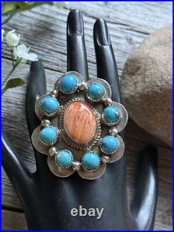 Vintage Native American Sterling Silver Turquoise Spiny Oyster Adjustable Ring