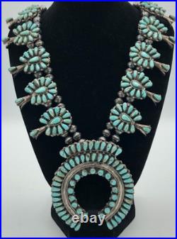Vintage Native American Sterling Silver Turquoise Squash Blossom Necklace