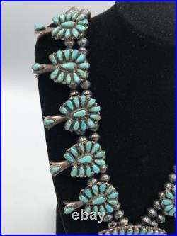 Vintage Native American Sterling Silver Turquoise Squash Blossom Necklace