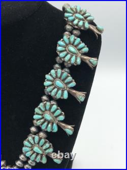 Vintage Native American Sterling Silver Turquoise Squash Blossom Necklace