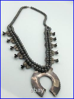 Vintage Native American Sterling Silver Turquoise Squash Blossom Necklace