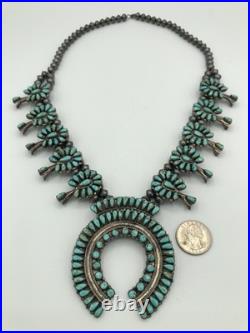Vintage Native American Sterling Silver Turquoise Squash Blossom Necklace