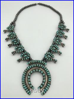 Vintage Native American Sterling Silver Turquoise Squash Blossom Necklace