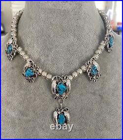 Vintage Native American Sterling Silver Turquoise Squash Blossom Necklace Signed