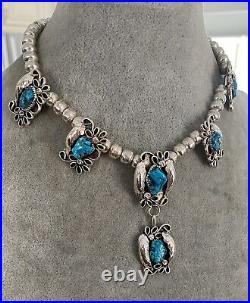 Vintage Native American Sterling Silver Turquoise Squash Blossom Necklace Signed