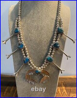 Vintage Native American Sterling Silver Turquoise Squash Blossom Necklace Signed