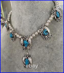 Vintage Native American Sterling Silver Turquoise Squash Blossom Necklace Signed