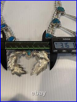 Vintage Native American Sterling Silver Turquoise Squash Blossom Necklace Signed