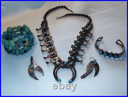 Vintage Native American Sterling Silver, Turquoise Squash Blossom, Signed LG Vintage Native American Sterling Silver, Turquoise Squash Blossom, Signed LG