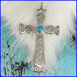Vintage Native American Sterling Silver Turquoise Stamped CRUCIFIX CROSS 2 1/2
