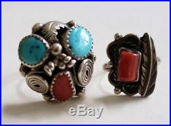 Vintage Native American Sterling Silver Turquoise and Coral Ring Lot