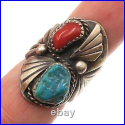 Vintage Native American Sterling Silver Turquoise and Red Coral Ring Size 8