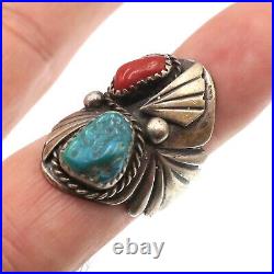 Vintage Native American Sterling Silver Turquoise and Red Coral Ring Size 8