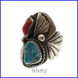 Vintage Native American Sterling Silver Turquoise and Red Coral Ring Size 8