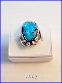 Vintage Native American Sterling Turquoise Carved Frog Ring Signed Size 7.5