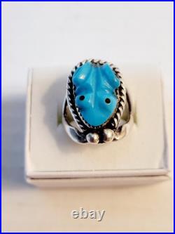 Vintage Native American Sterling Turquoise Carved Frog Ring Signed Size 7.5