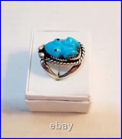 Vintage Native American Sterling Turquoise Carved Frog Ring Signed Size 7.5