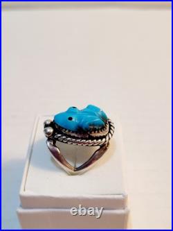 Vintage Native American Sterling Turquoise Carved Frog Ring Signed Size 7.5