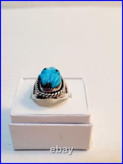 Vintage Native American Sterling Turquoise Carved Frog Ring Signed Size 7.5